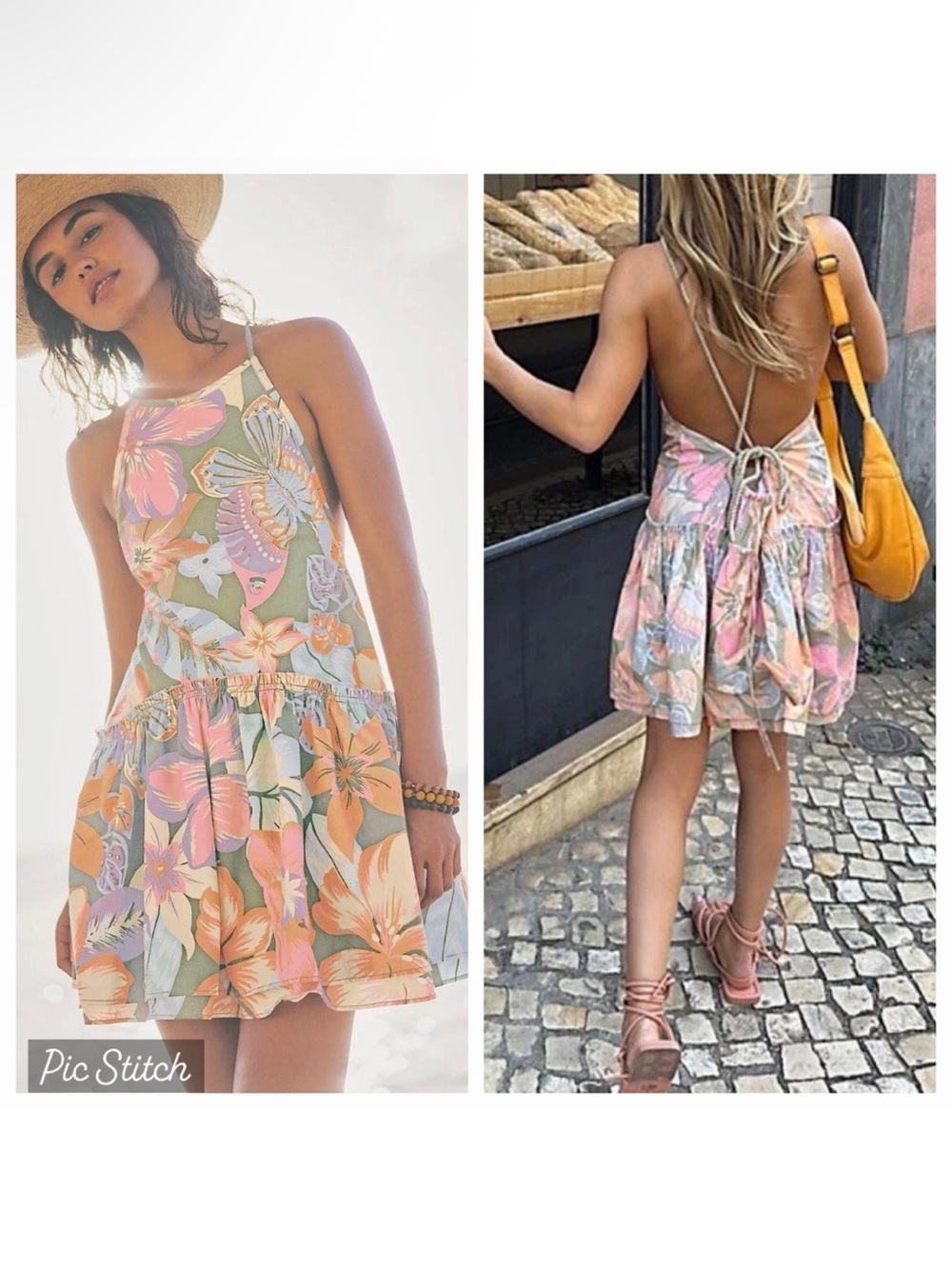 Free People Pastel Floral Halter Mini Dress in Pink, Peach & Sage Size S